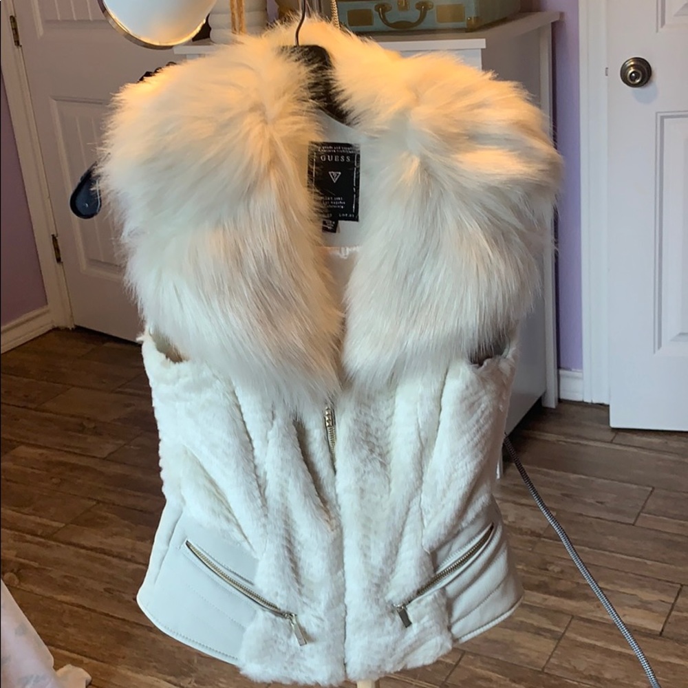 Guess Fur Vest Sleeveless White Brand New